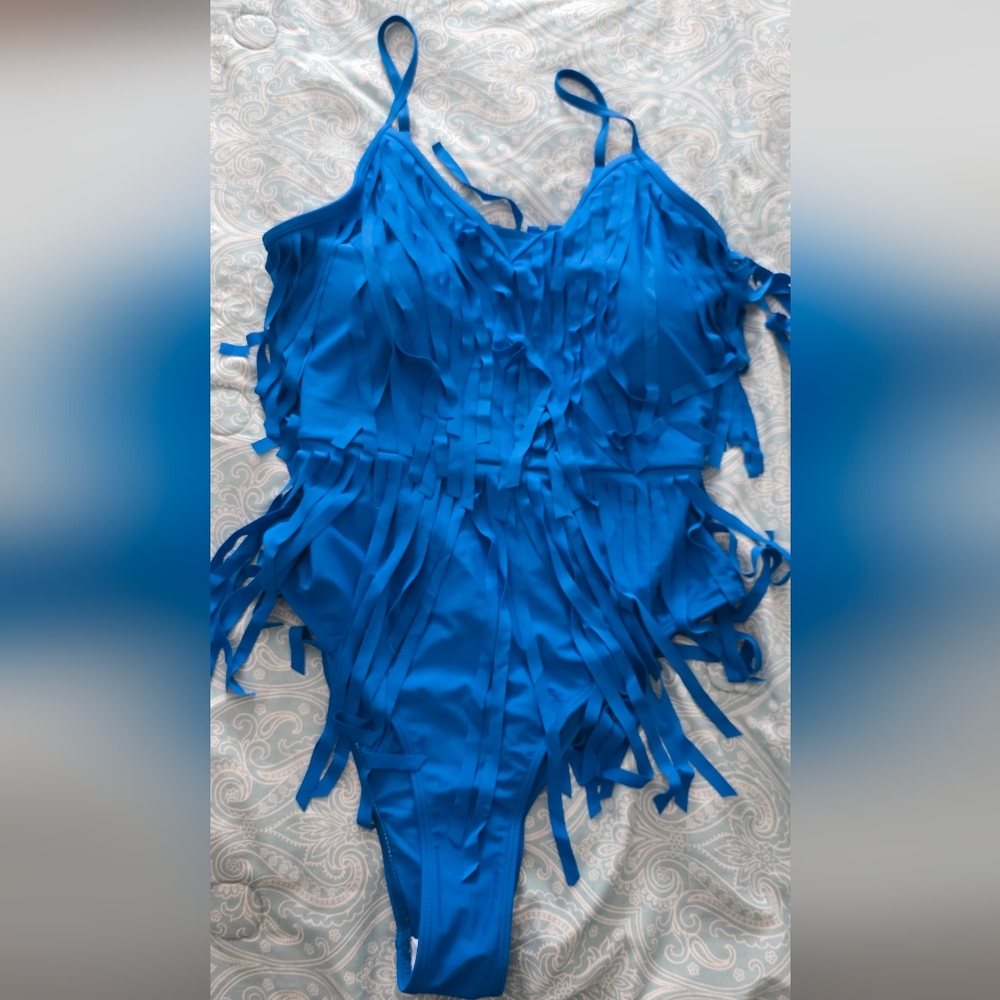 Royal Blue Fringe One-Piece Swimsuit Sz XL